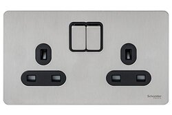 Schneider Electric GU3420-BSS 2-Gang 13A Ultimate Screwless Flat Plate Switched Socket, Stainless steel with Black - Pack of 3